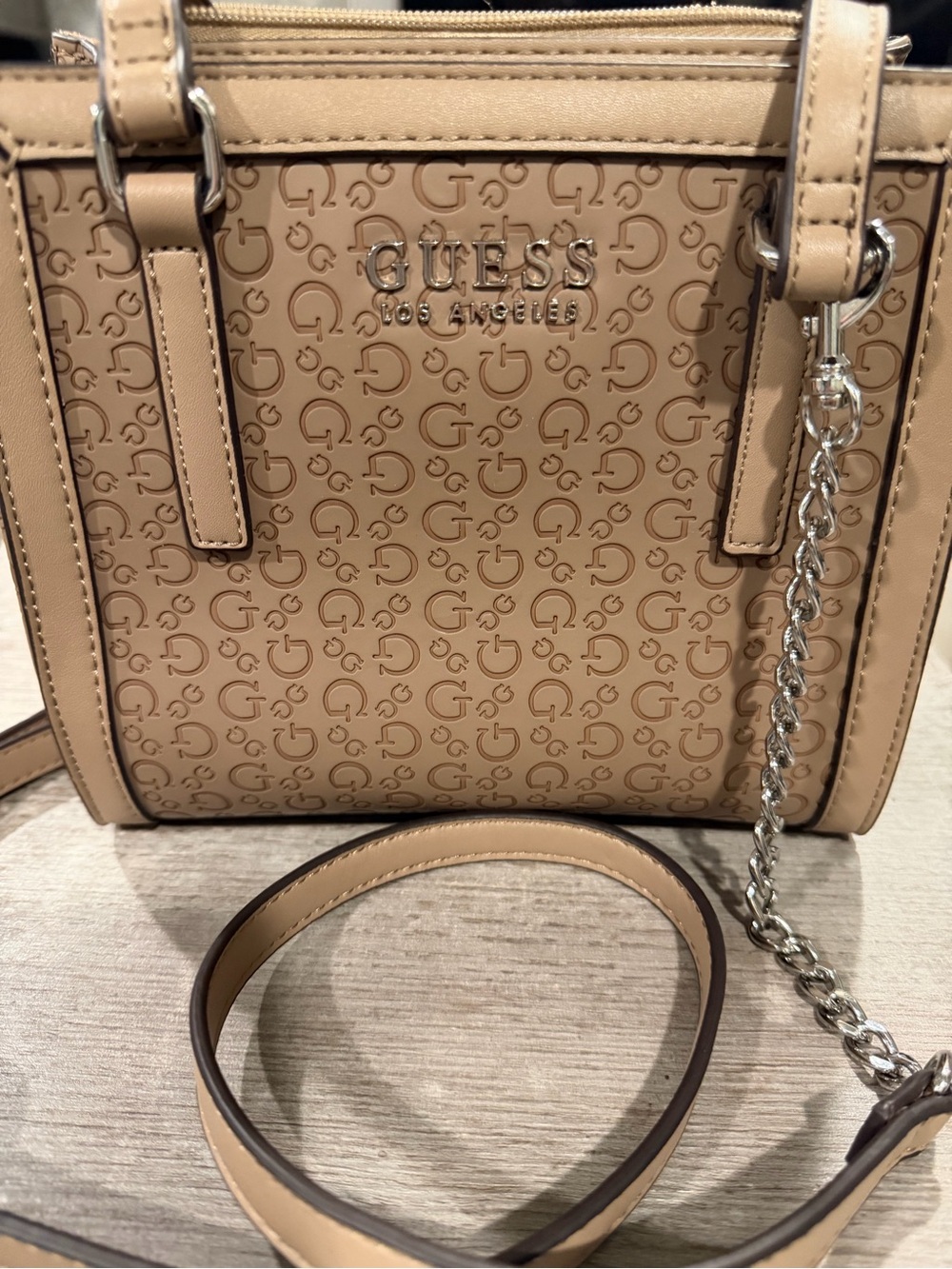 GUESS Beige Logo-Embossed Crossbody with Chain Accent